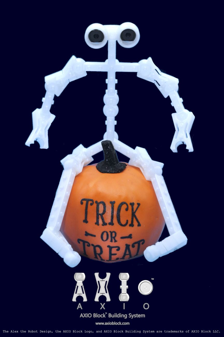 Alex the Robot sitting on a pumpkin that says "Trick or Treat."